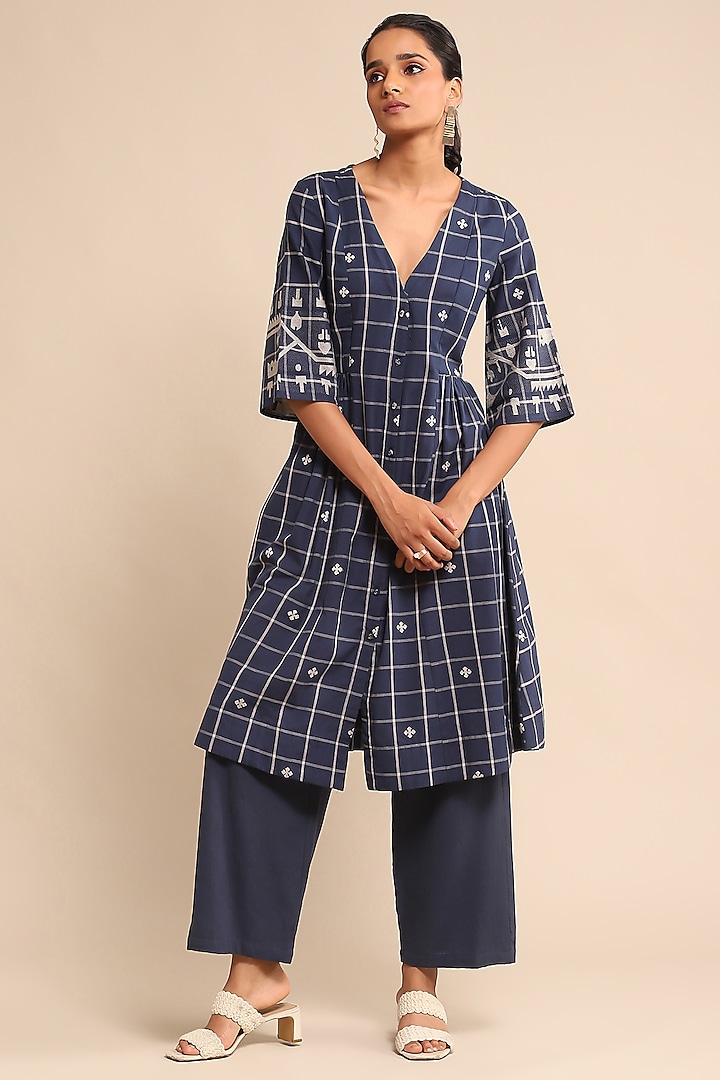 Blue Cotton Blend Checkered Printed Kurta Set by Ritu Kumar at Pernia's Pop Up Shop