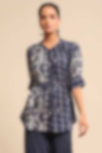 Blue Cotton Jamdani Checkered Shirt by Ritu Kumar at Pernia's Pop Up Shop