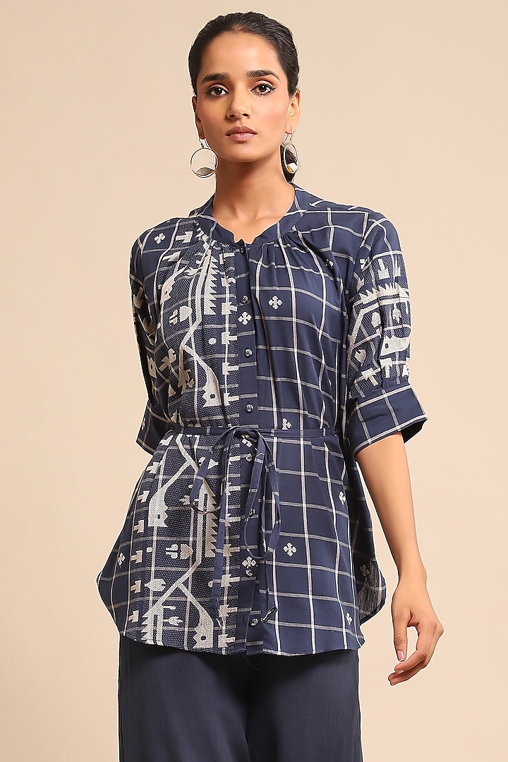 Blue Cotton Jamdani Checkered Shirt by Ritu Kumar at Pernia's Pop Up Shop