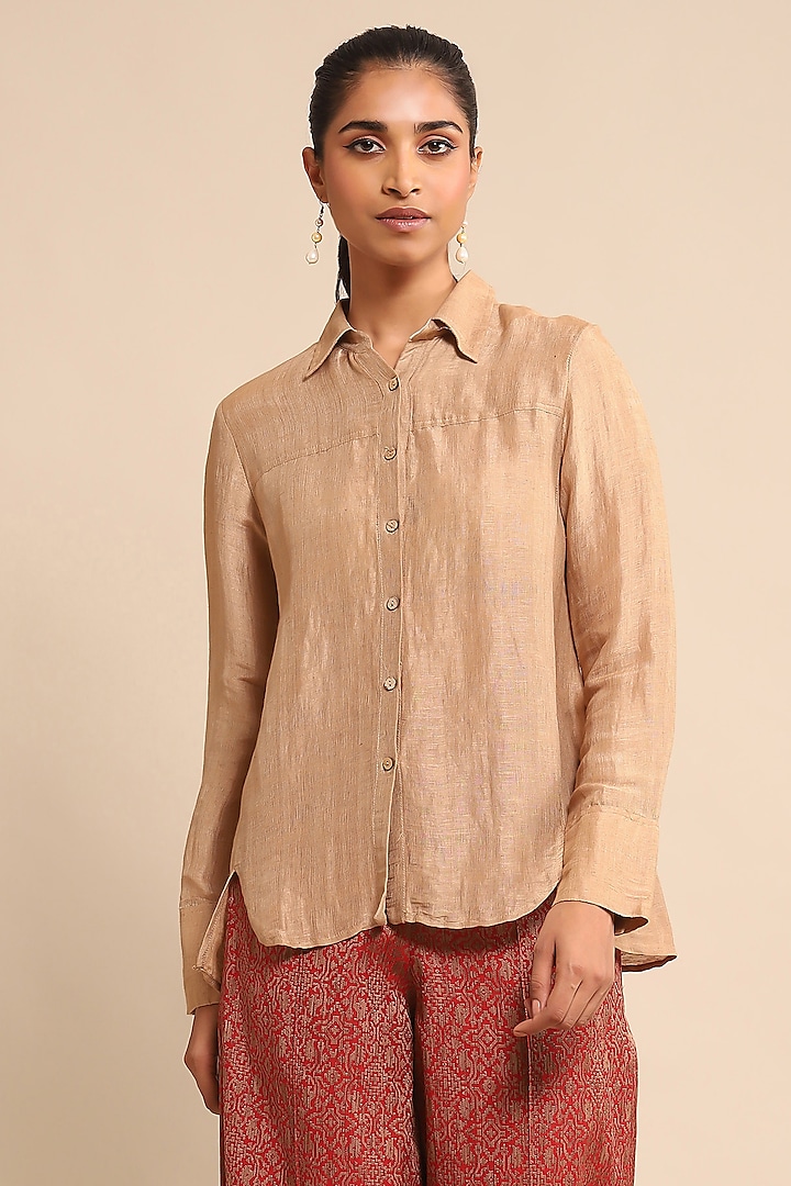 Beige Mulberry Silk Shirt by Ritu Kumar at Pernia's Pop Up Shop