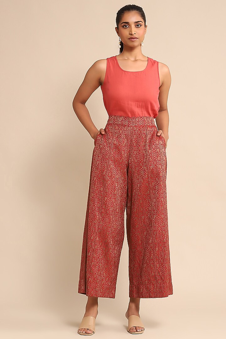 Red Poly Jacquard Palazzo Pants by Ritu Kumar at Pernia's Pop Up Shop