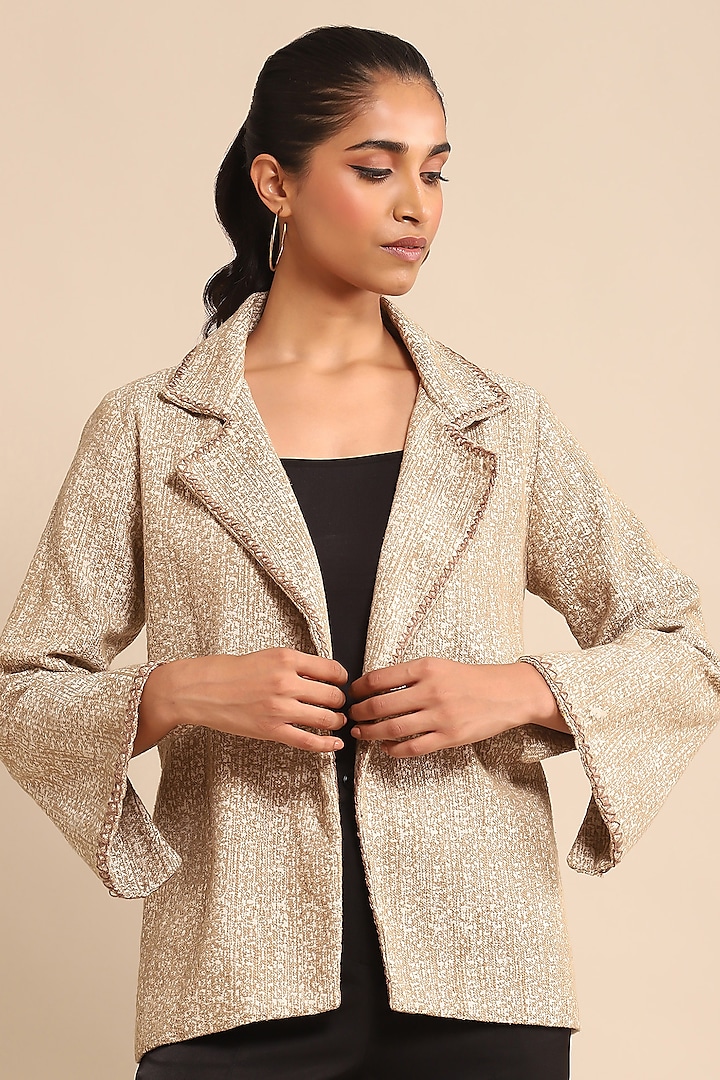 Beige Cotton Slub Jacquard Textured Jacket by Ritu Kumar