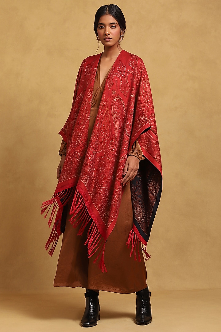 Red Modal Wool Motif Printed Shrug by Ritu Kumar