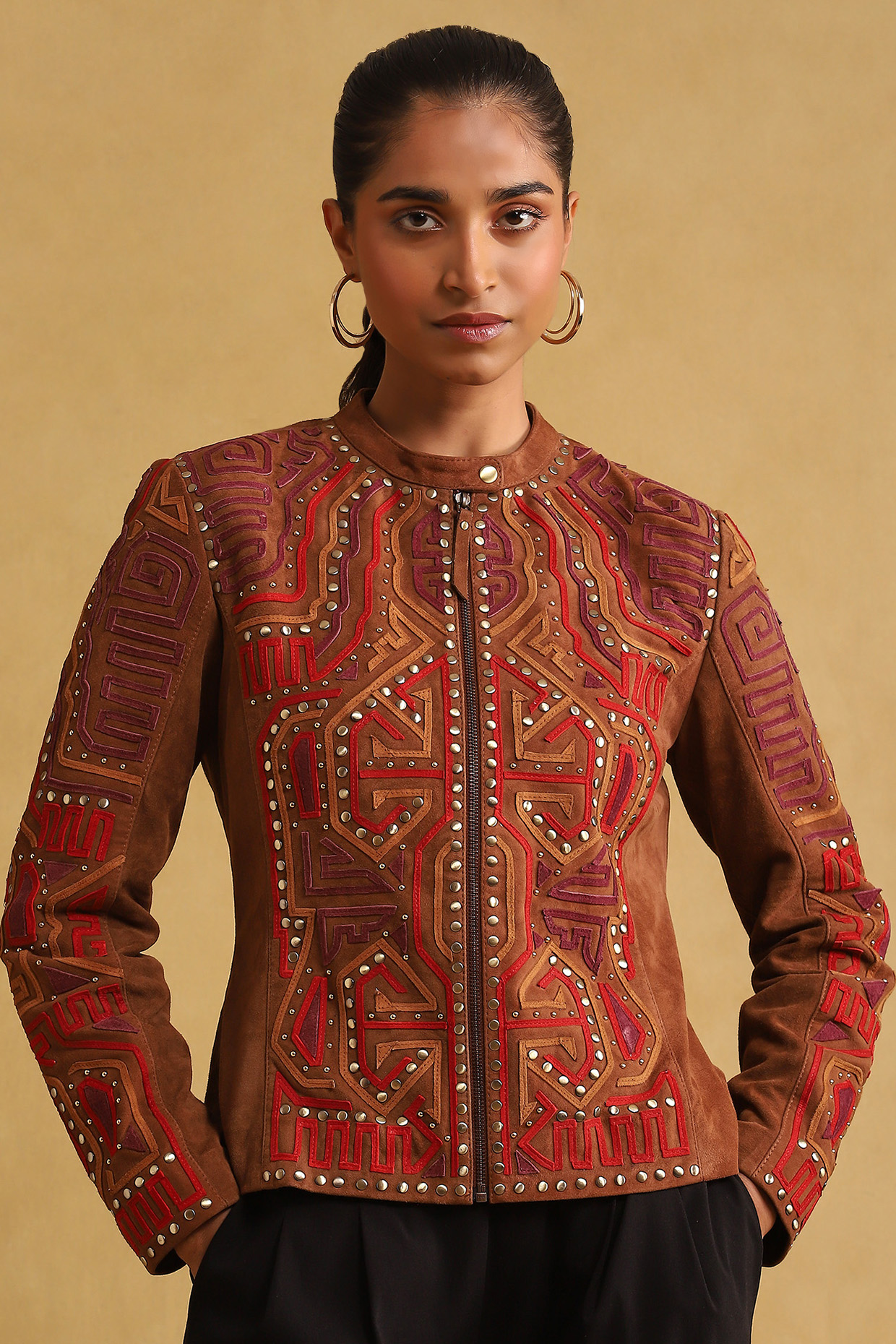 Tan Leather Geometric Printed Jacket by Ritu Kumar at Pernia's Pop Up Shop