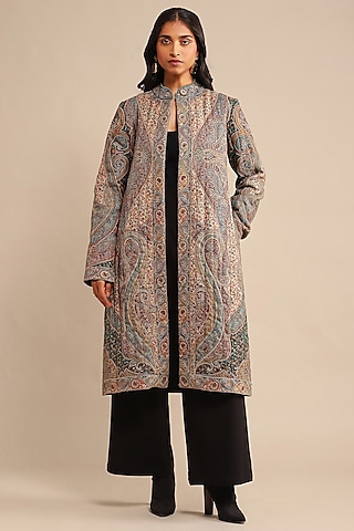 Green Wool Jacquard Motif Printed Coat by Ritu Kumar