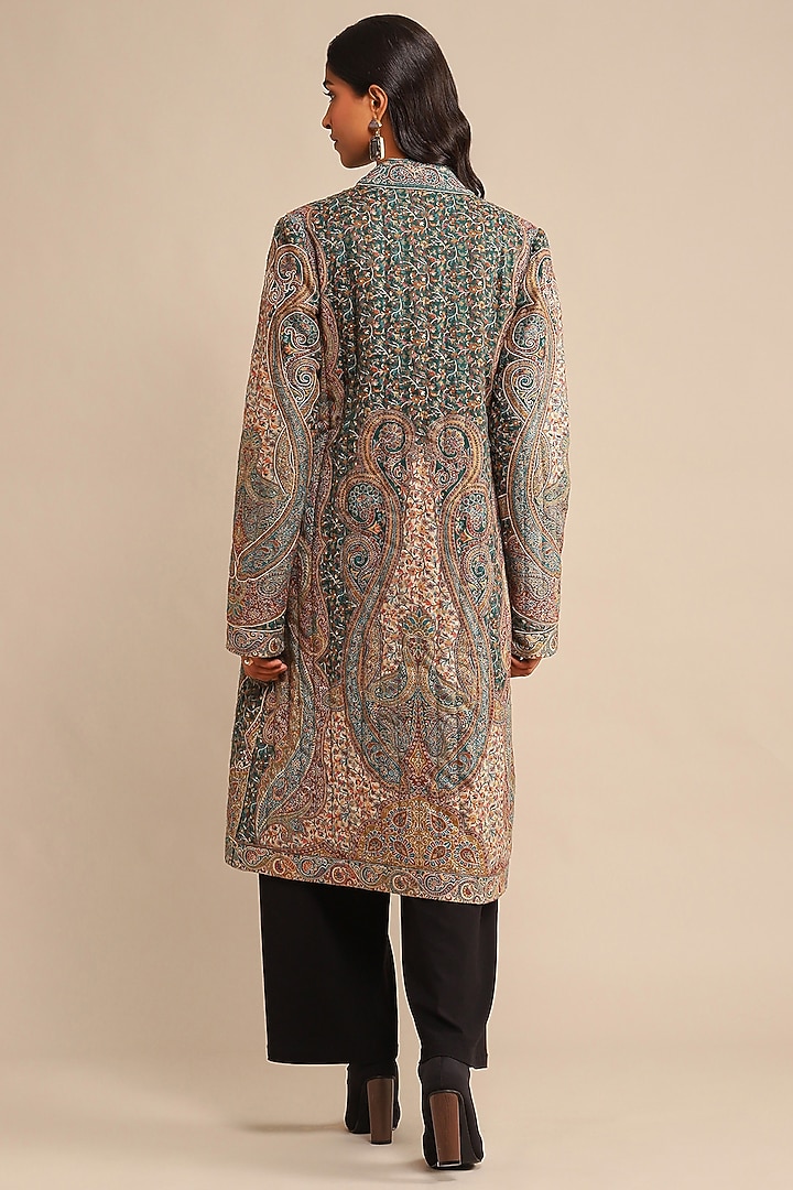 Green Wool Jacquard Motif Printed Coat by Ritu Kumar at Pernia's Pop Up Shop