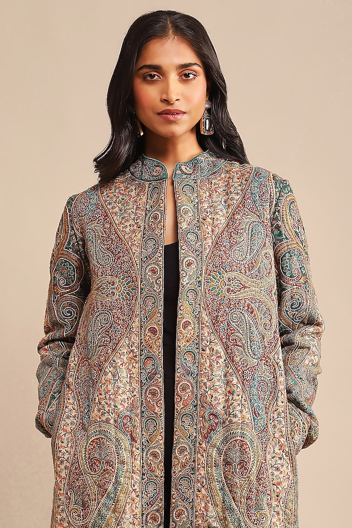 Green Wool Jacquard Motif Printed Coat by Ritu Kumar at Pernia's Pop Up Shop