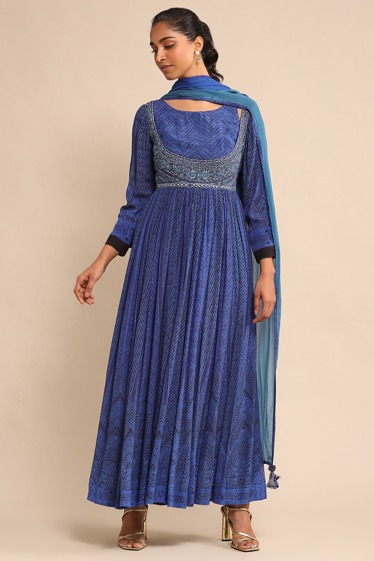 Blue Viscose Chinon Printed & Embroidered Kurta Set by Ritu Kumar at Pernia's Pop Up Shop