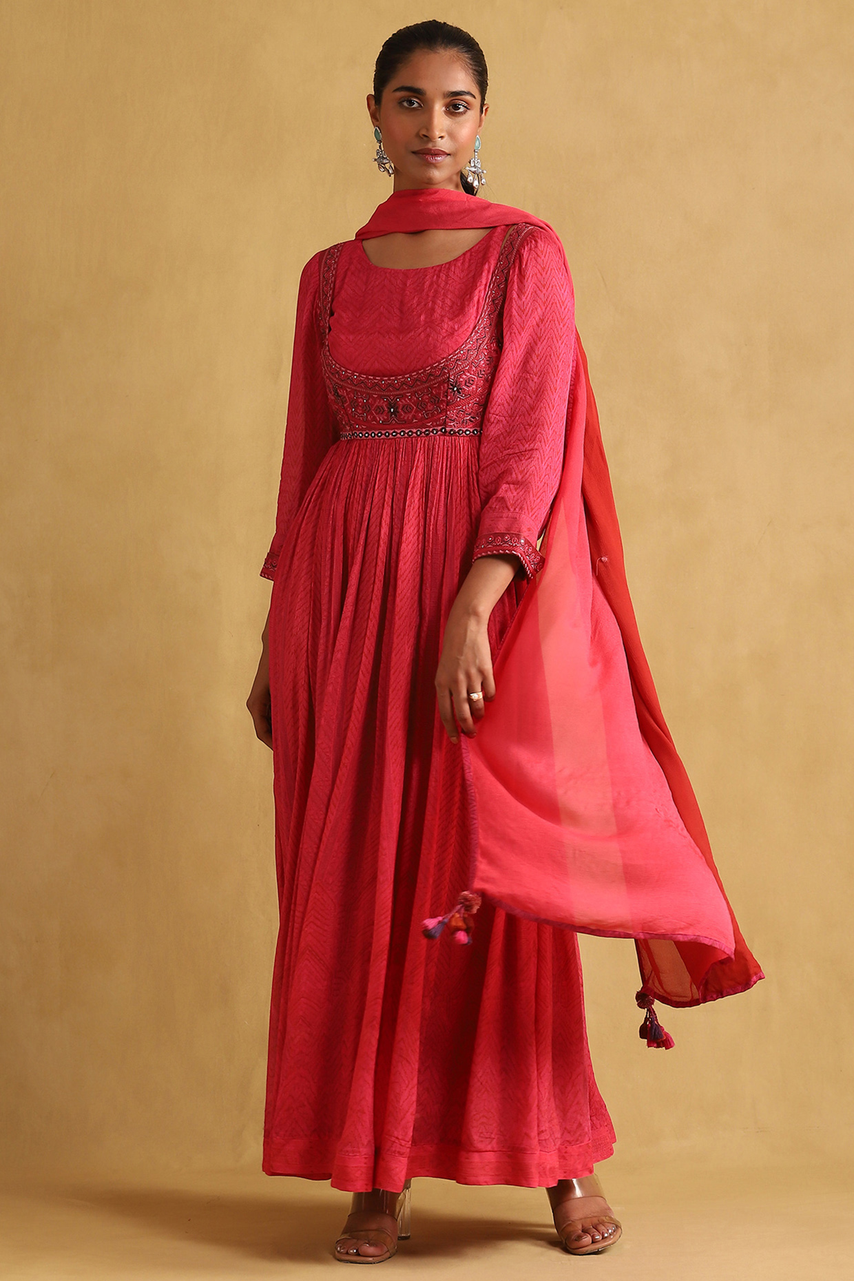 Fuchsia Viscose Chinon Printed & Embroidered Kurta Set by Ritu Kumar at Pernia's Pop Up Shop