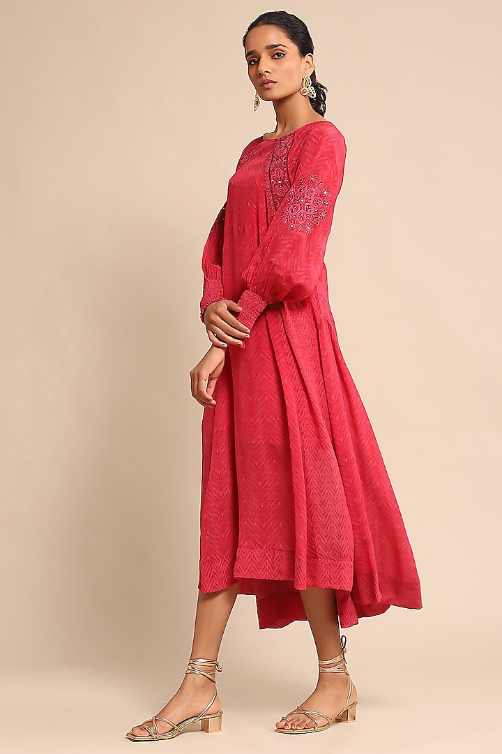Fuchsia Viscose Chinon Printed & Embroidered Dress by Ritu Kumar