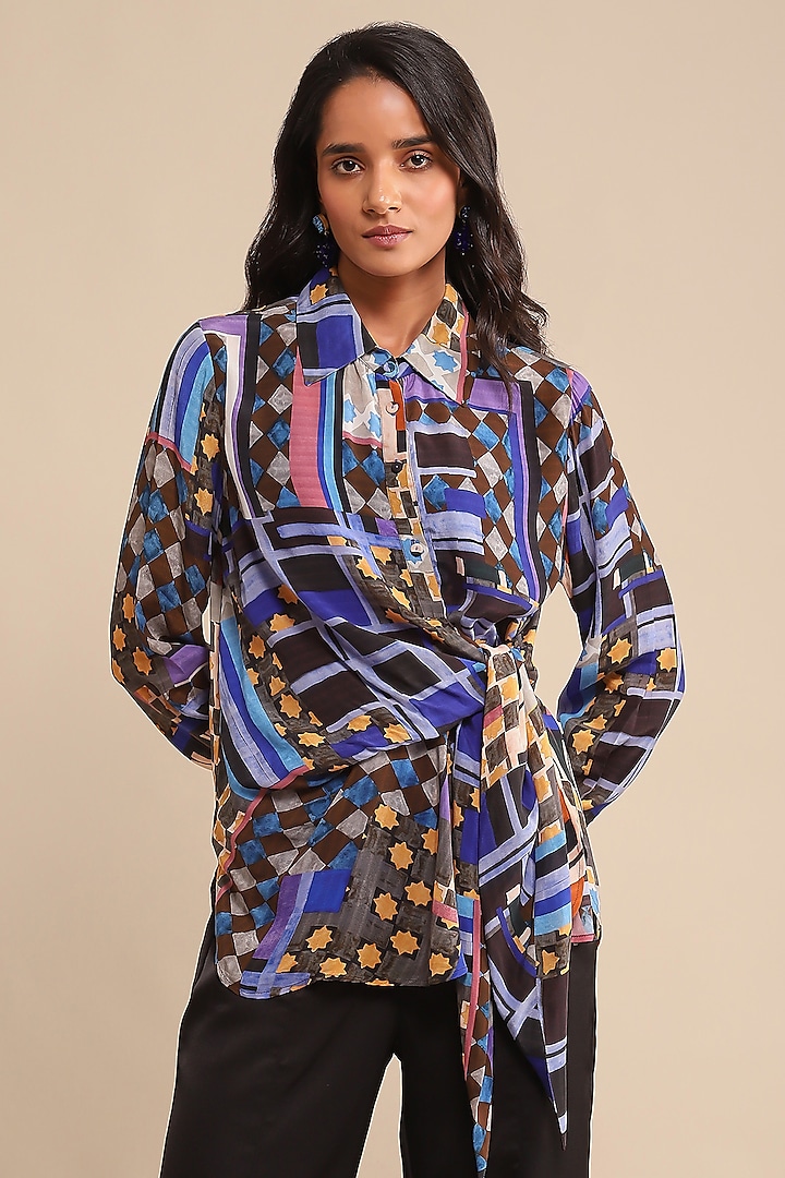 Blue Viscose Crepe Geometric Printed Shirt by Ritu Kumar at Pernia's Pop Up Shop