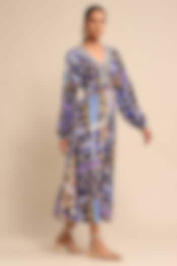 Blue Viscose Crepe Geometric Printed Dress by Ritu Kumar
