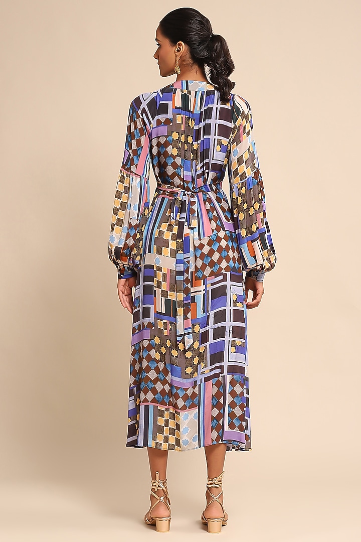 Blue Viscose Crepe Geometric Printed Summer Dress by Ritu Kumar at Pernia's Pop Up Shop