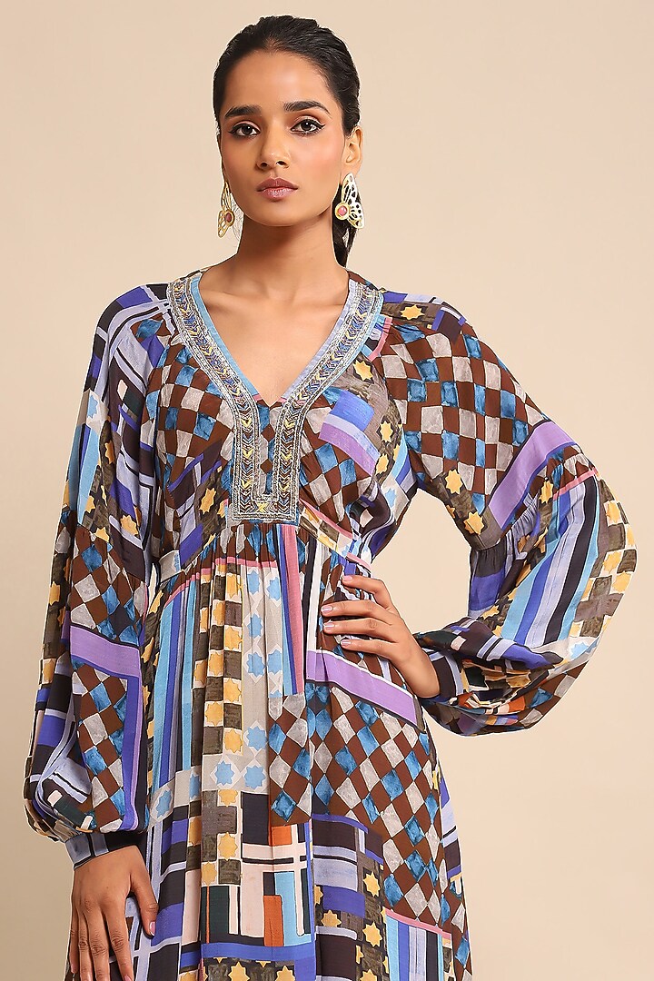 Blue Viscose Crepe Geometric Printed Summer Dress by Ritu Kumar at Pernia's Pop Up Shop