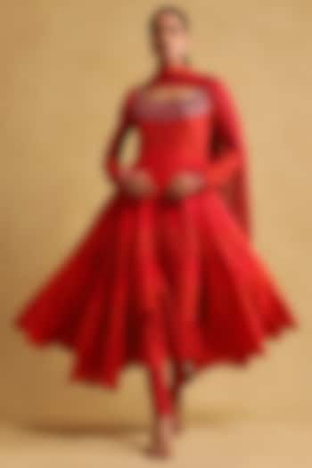 Red Viscose Silk Embroidered Kurta Set by Ritu Kumar at Pernia's Pop Up Shop