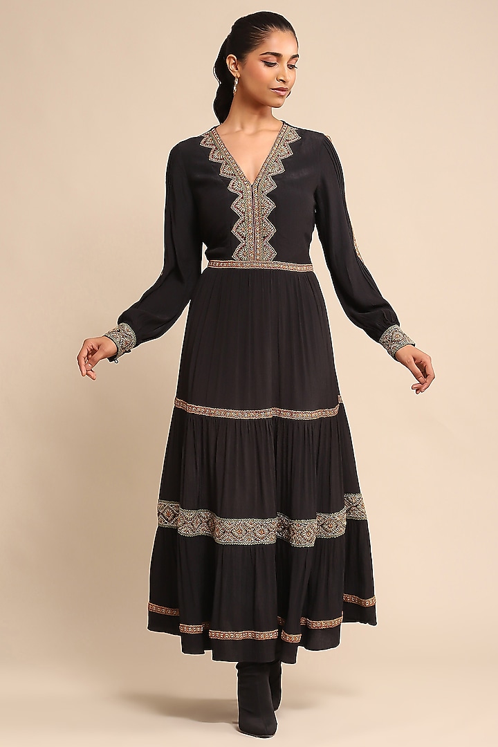 Black Vintage Crepe Embroidered Dress by Ritu Kumar
