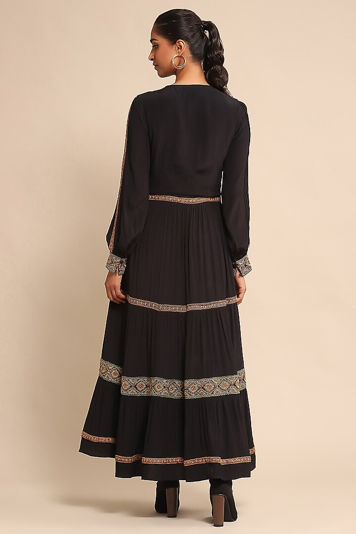 Black Vintage Crepe Embroidered Vacation Dress by Ritu Kumar at Pernia's Pop Up Shop