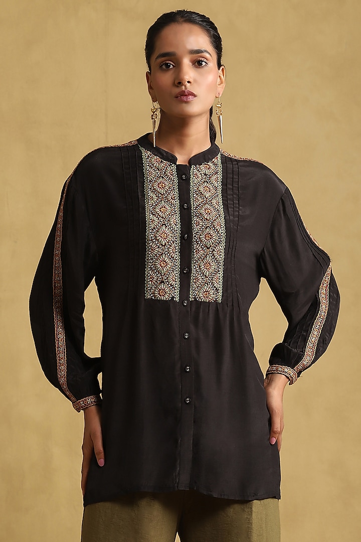 Black Vintage Crepe Embroidered Shirt by Ritu Kumar at Pernia's Pop Up Shop