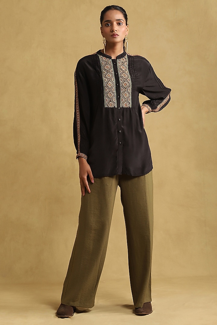Black Vintage Crepe Embroidered Shirt by Ritu Kumar at Pernia's Pop Up Shop
