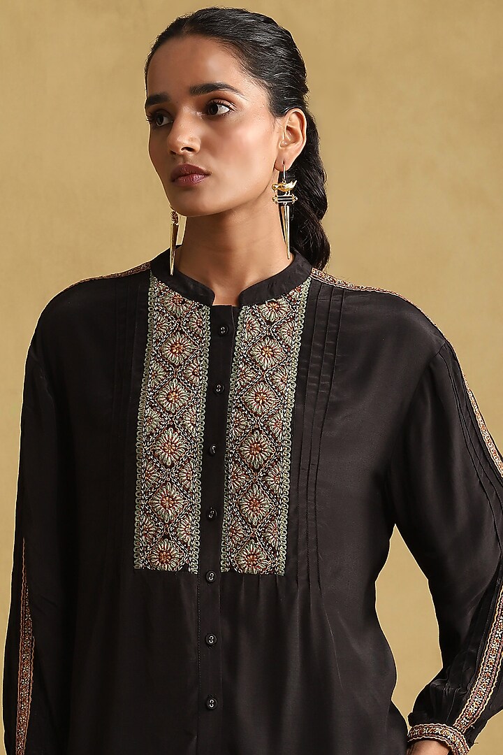 Black Vintage Crepe Embroidered Shirt by Ritu Kumar at Pernia's Pop Up Shop