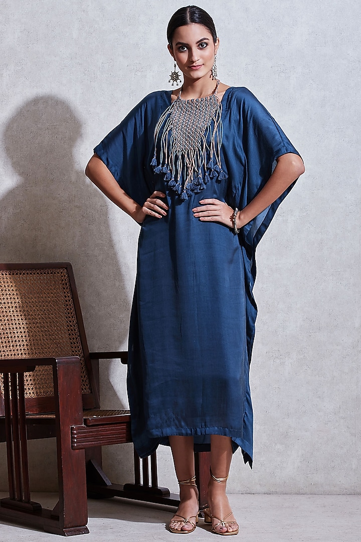 Blue Long Kaftan With Attached Necklace by Ritu Kumar