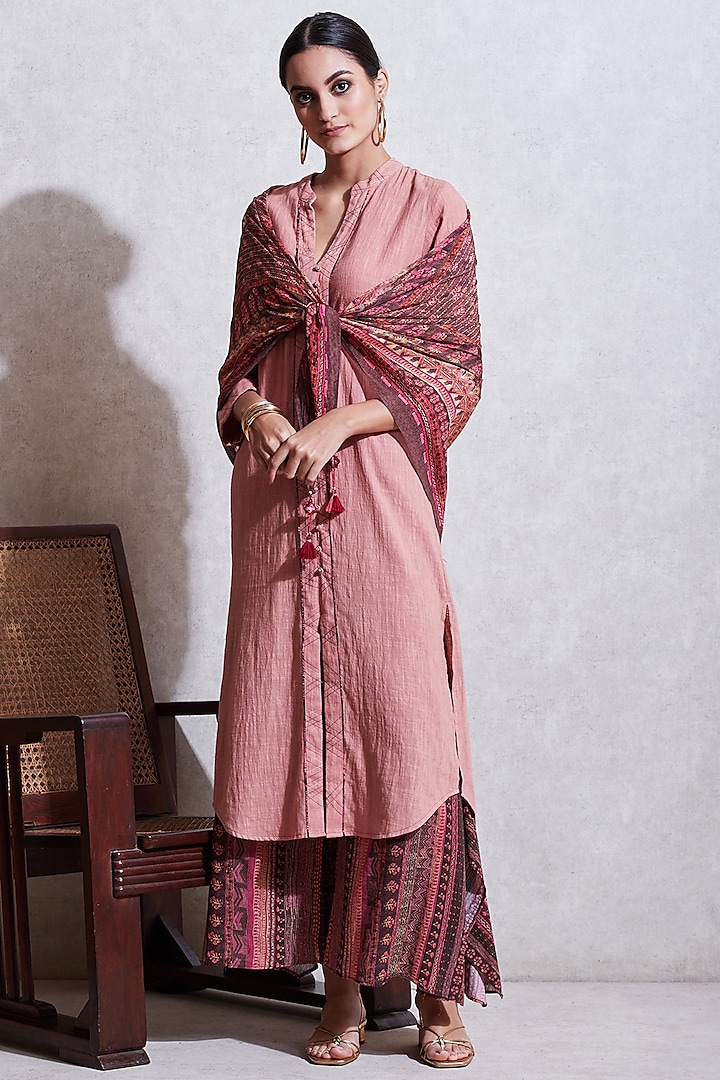 Pink Kurta With Printed Pants & Scarf by Ritu Kumar