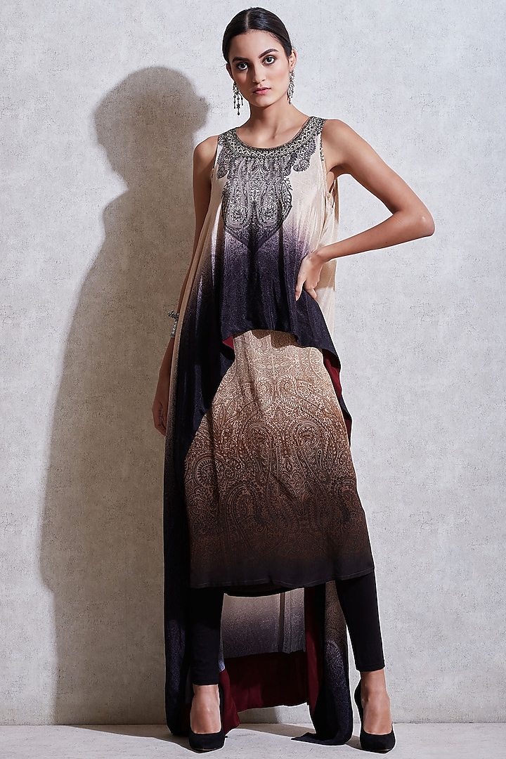 Black Embroidered Cape With Pants & Beige Inner by Ritu Kumar