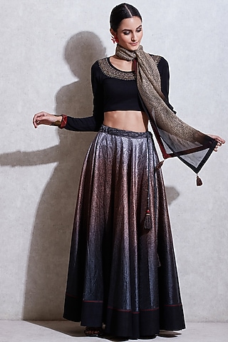 Black Embroidered Top With Skirt & Beige Scarf by Ritu Kumar