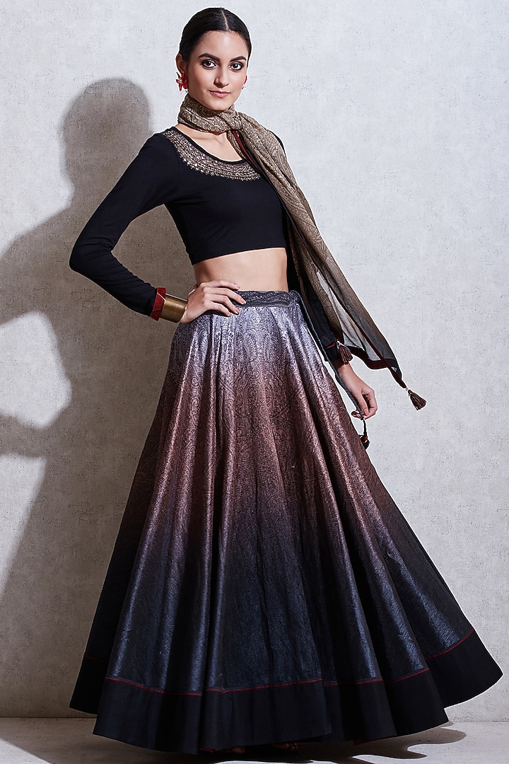 Black Embroidered Top With Skirt & Beige Scarf by Ritu Kumar at Pernia's Pop Up Shop