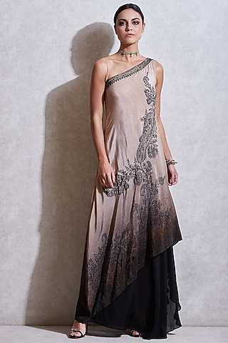 Beige & Black Embroidered Dress With Skirt by Ritu Kumar