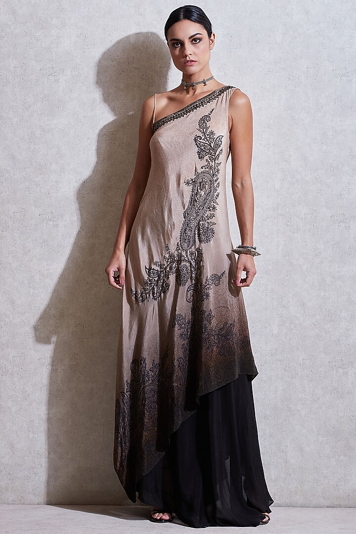 Beige & Black Embroidered Vacation Dress With Skirt by Ritu Kumar at Pernia's Pop Up Shop