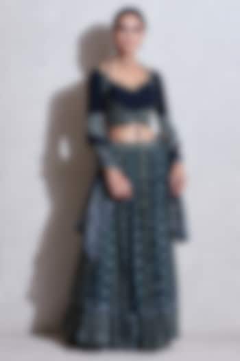 Indigo Blue & Sea Green Embroidered Skirt Set by Ritu Kumar at Pernia's Pop Up Shop
