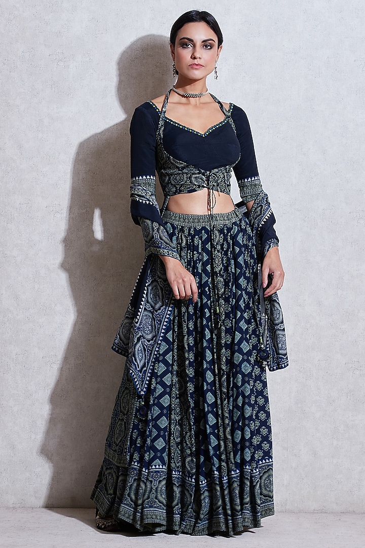 Indigo Blue & Sea Green Embroidered Skirt Set Design by Ritu Kumar at ...