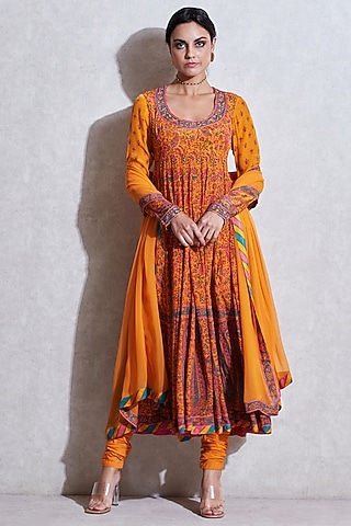 Saffron Yellow Embroidered Kurta Set by Ritu Kumar