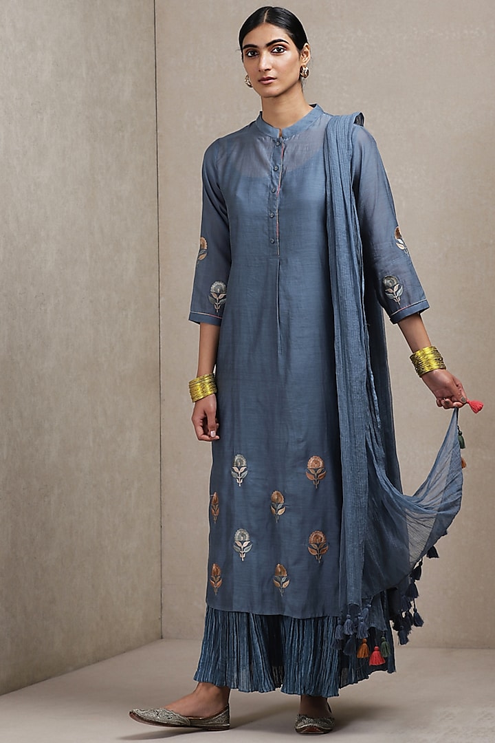 Blue Embroidered & Printed Sharara Set by Ritu Kumar