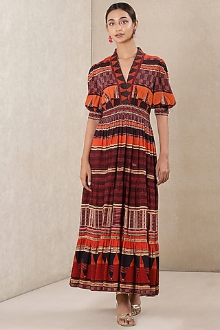 Rust Red & Orange Printed Flared Maxi Dress by Ritu Kumar