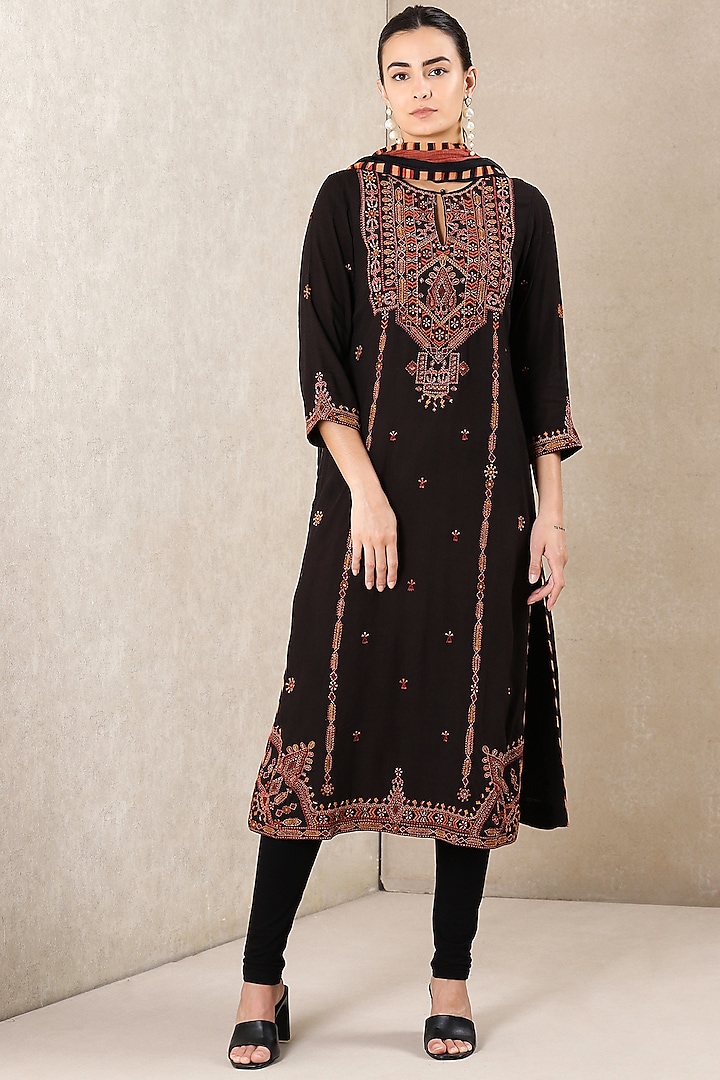 Black Rayon Slub A-Line Kurta Set by Ritu Kumar at Pernia's Pop Up Shop