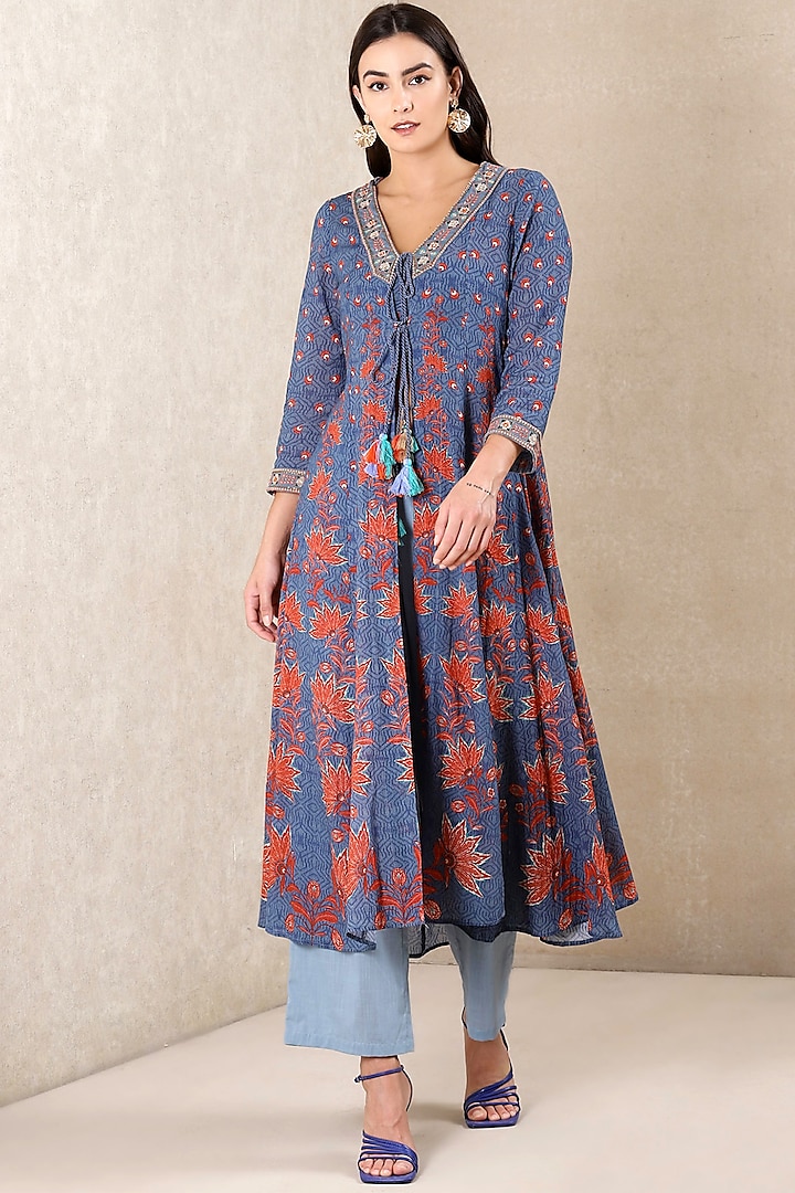 Parisian Blue Embroidered Jacket Set by Ritu Kumar