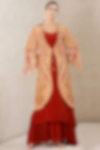 Beige & Deep Red Rayon Crepe Jacket Dress by Ritu Kumar