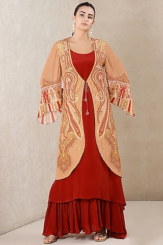 Beige & Deep Red Rayon Crepe Jacket Dress by Ritu Kumar