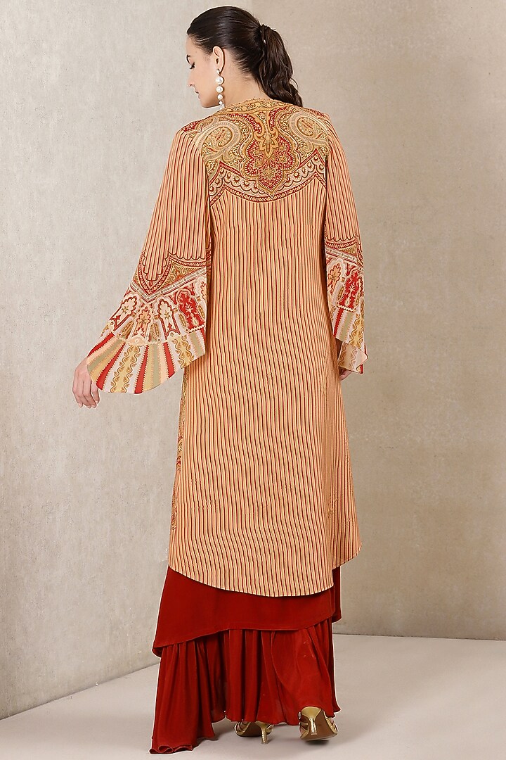 Beige & Deep Red Rayon Crepe Jacket Vacation Dress by Ritu Kumar at Pernia's Pop Up Shop