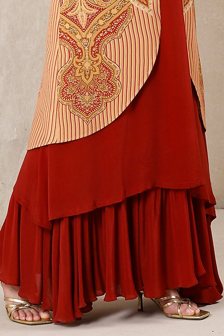 Beige & Deep Red Rayon Crepe Jacket Vacation Dress by Ritu Kumar at Pernia's Pop Up Shop