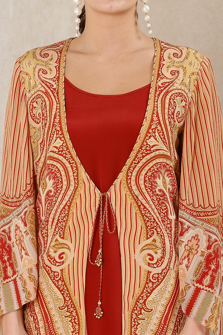 Beige & Deep Red Rayon Crepe Jacket Vacation Dress by Ritu Kumar at Pernia's Pop Up Shop