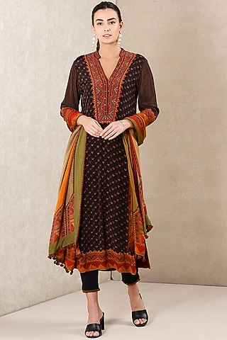 Black & Rust Red Printed Straight Kurta Set by Ritu Kumar