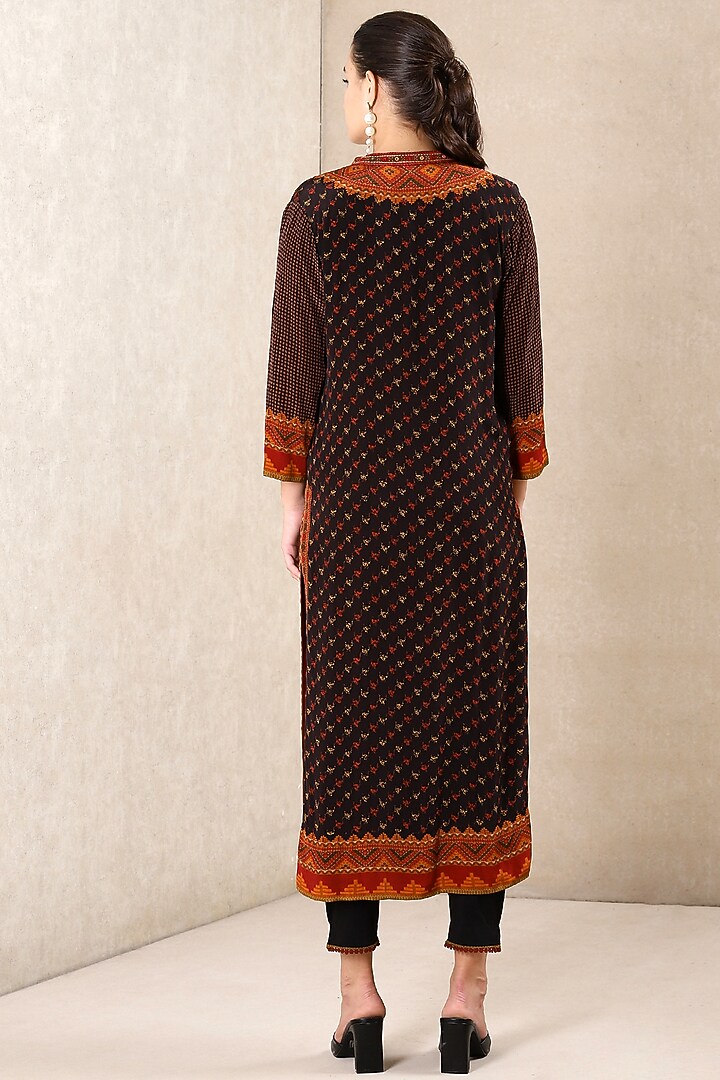 Black & Rust Red Printed Straight Kurta Set by Ritu Kumar at Pernia's Pop Up Shop