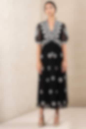 Black Embroidered Flared Midi Dress by Ritu Kumar