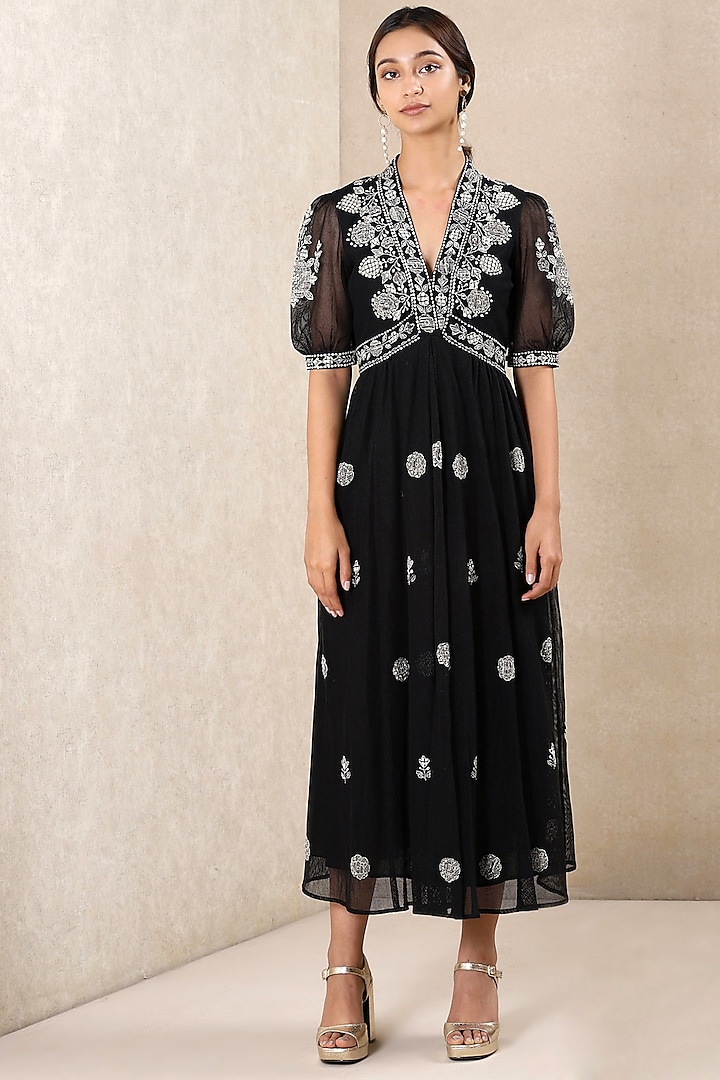 Black Embroidered Flared Midi Dress by Ritu Kumar