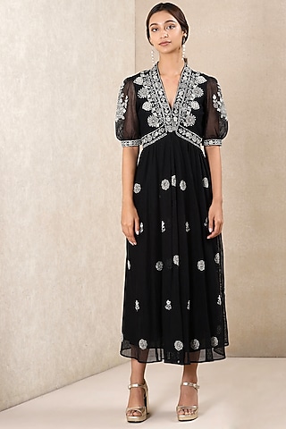Black Embroidered Flared Midi Dress by Ritu Kumar