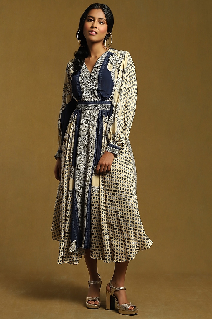 Blue Viscose Crepe Printed Summer Dress by Ritu Kumar at Pernia's Pop Up Shop