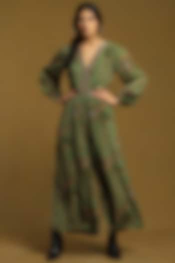 Green Viscose Paisley Printed Jumpsuit by Ritu Kumar